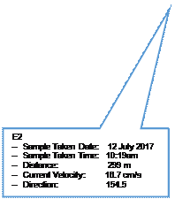 Rectangular Callout: E2 
V	Sample Taken Date:    12 July 2017
V	Sample Taken Time:   10:19am
V	Distance:                      299 m
V	Current Velocity:         16.7 cm/s
V	Direction:                     154.5

