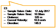 Rectangular Callout: E3 
V	Sample Taken Date:    12 July 2017
V	Sample Taken Time:   10:36am
V	Distance:                      525 m
V	Current Velocity:         18.8 cm/s
V	Direction:                     145.9


