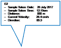 Rectangular Callout: G2 
V	Sample Taken Date:    20 July 2017
V	Sample Taken Time:   12:19am
V	Distance:                      868 m
V	Current Velocity:         26.4 cm/s
V	Direction:                     69.5

