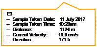 Rectangular Callout: E3 
V	Sample Taken Date:    11 July 2017
V	Sample Taken Time:   10:28am
V	Distance:                      1124 m
V	Current Velocity:         13.0 cm/s
V	Direction:                     171.5

