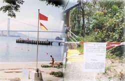 Warning notice and hoisted red flag
