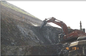 Continuous water spray during breaking of slope.
