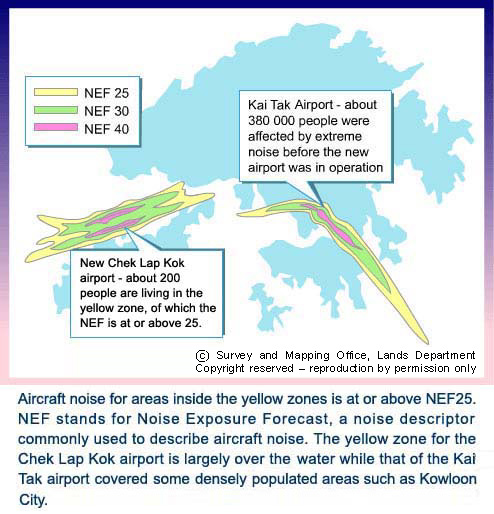 Image of NEF contours for new Chek Lap Kok Airport and old Kai Tak Airport