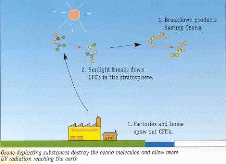 Image of ozone deplecting substances destroy the ozone molecules and allow more UV radiation reaching the earth