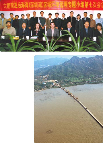 (Top) Regular meeting with the Mainland authorities to discuss cross-boundary environmental co-operation. (Bottom) Temporary access bridge for the construction of the Shenzhen Western Corridor in Deep Bay.