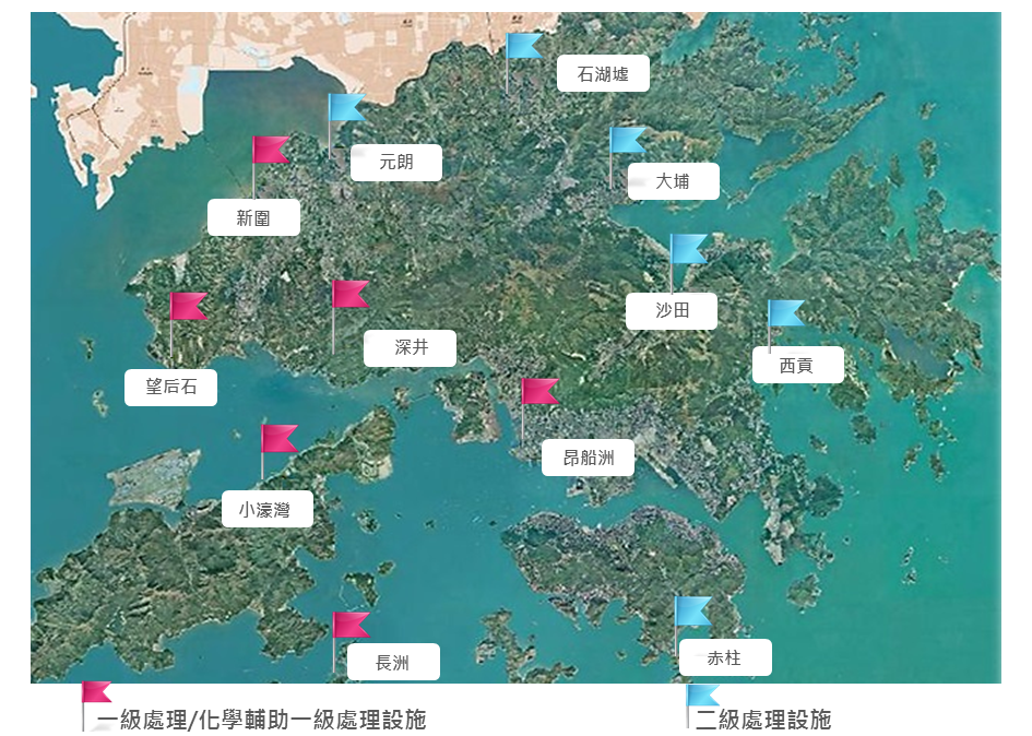 香港主要污水處理設施示意圖