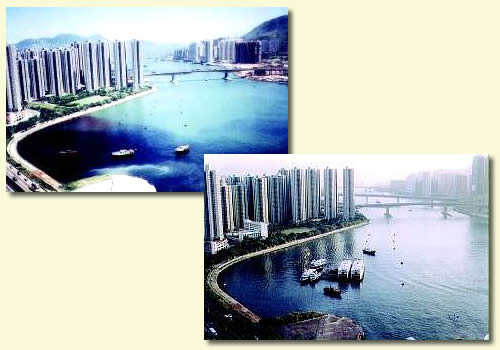漂染排放使海洋變色(上圖); 妥善處理漂染排放改善水質(下圖)。
