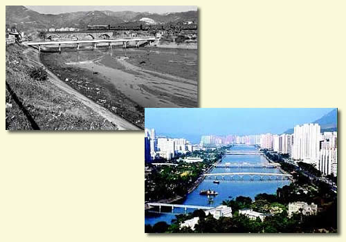 七十年代城門河囤積大量淤泥(上圖);淤泥改善工程使城門河回復光彩(下圖)。