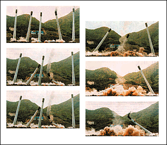 Photo of Stages of felling of five power station chimneys.