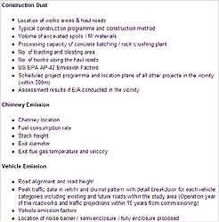 Typical Information required for air quality assessment (Modelling Input)