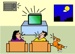 住宅樓宇發出噪音的例子的圖片(例如：電視機、冷氣機或狗隻)