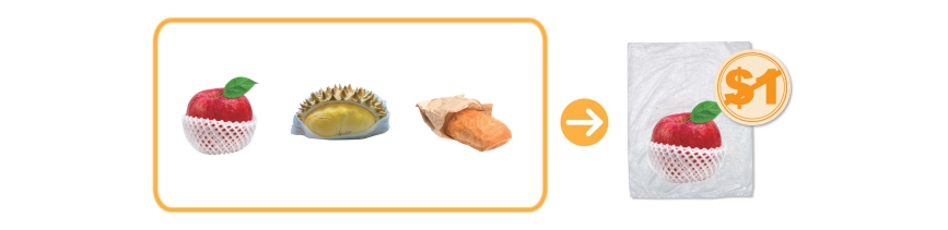 Foodstuff items not wholly contained in any packaging