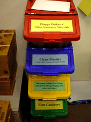 Image of Recycling boxes for different types of recyclable items are available in our offices