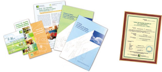 (Left) Publications and pamphlets on indoor air quality.
(Right) A sample of the Indoor Air Quality Excellent Class Certificate.