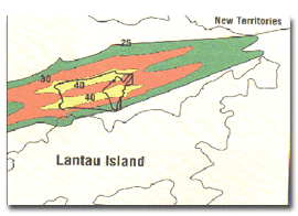 Image of Noise Exposure Forecast Contour for the new airport (less than 500 people will be affected by high noise)