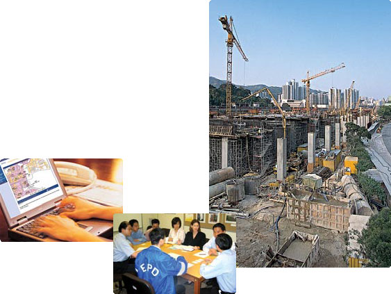 (Left) Information on designated noise control areas and noise permits can be accessed through the Internet. (Middle) EPD works with the industry for a quieter environment. (Right) Our partnership with the construction industry improves communication with the trade on the legal requirements of noise control and mitigation measures for noisy construction work.