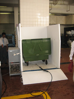 Wash the refuse bin in an isolated container fitted with foul water channels and filtration device