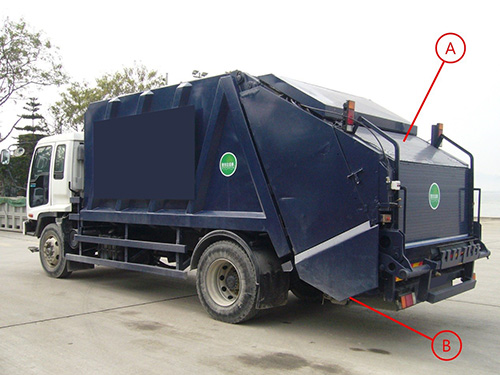 图一 垃圾车一般为配备装卸设备的中型及重型货车，可把收集箱内的垃圾装上车，车尾设有压缩机可减少垃圾体积