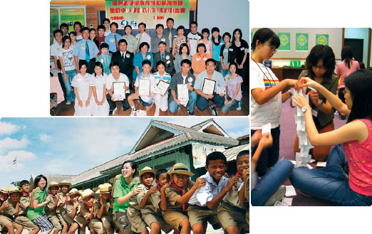 （ 上 圖 ） 來 自 中 國 內 地 的 「 全 國 中 小 學 生 環 保 網 頁 設 計 比 賽 」 得 獎 者 在 香 港 蜆 殼 有 限 公 司 贊 助 下 與 香 港 學 生 環 保 大 使 會 面 。 
  （ 下 圖 ） AEON 教 育 及 環 保 基 金 贊 助 學 生 環 保 大 使 到 曼 谷 觀 摩 考 察 ， 期 間 與 當 地 學 生 玩 遊 戲 。 
  （ 右 圖 ） 傑 出 學 生 環 保 大 使 獲 地 下 鐵 路 公 司 的 贊 助 參 加 環 保 領 袖 夏 令 營 ， 並 透 過 遊 戲 學 習 建 立 團 隊 合 作 精 神 。 