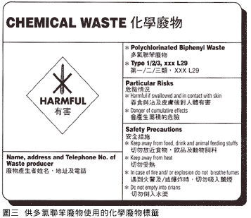 圖三供多氯聯笨廢物使用的化學廢物標籤圖片