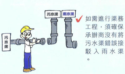 如需進行渠務工程須確保承辦商沒有將污水渠錯誤接駁入雨水渠。