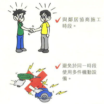 與鄰居協商施工時段。  避免於同一時段使用外件機動設備。